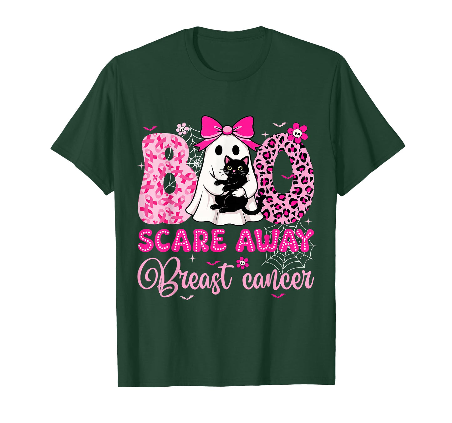 Boo Scare Away Breast Cancer Bow Cat Ghost Halloween Costume T-Shirt