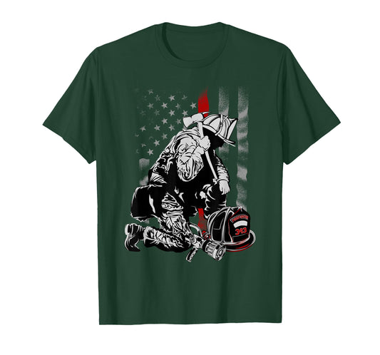 Fallen Fireman American Flag Thin Red Line Firefighter Top T-Shirt Small
