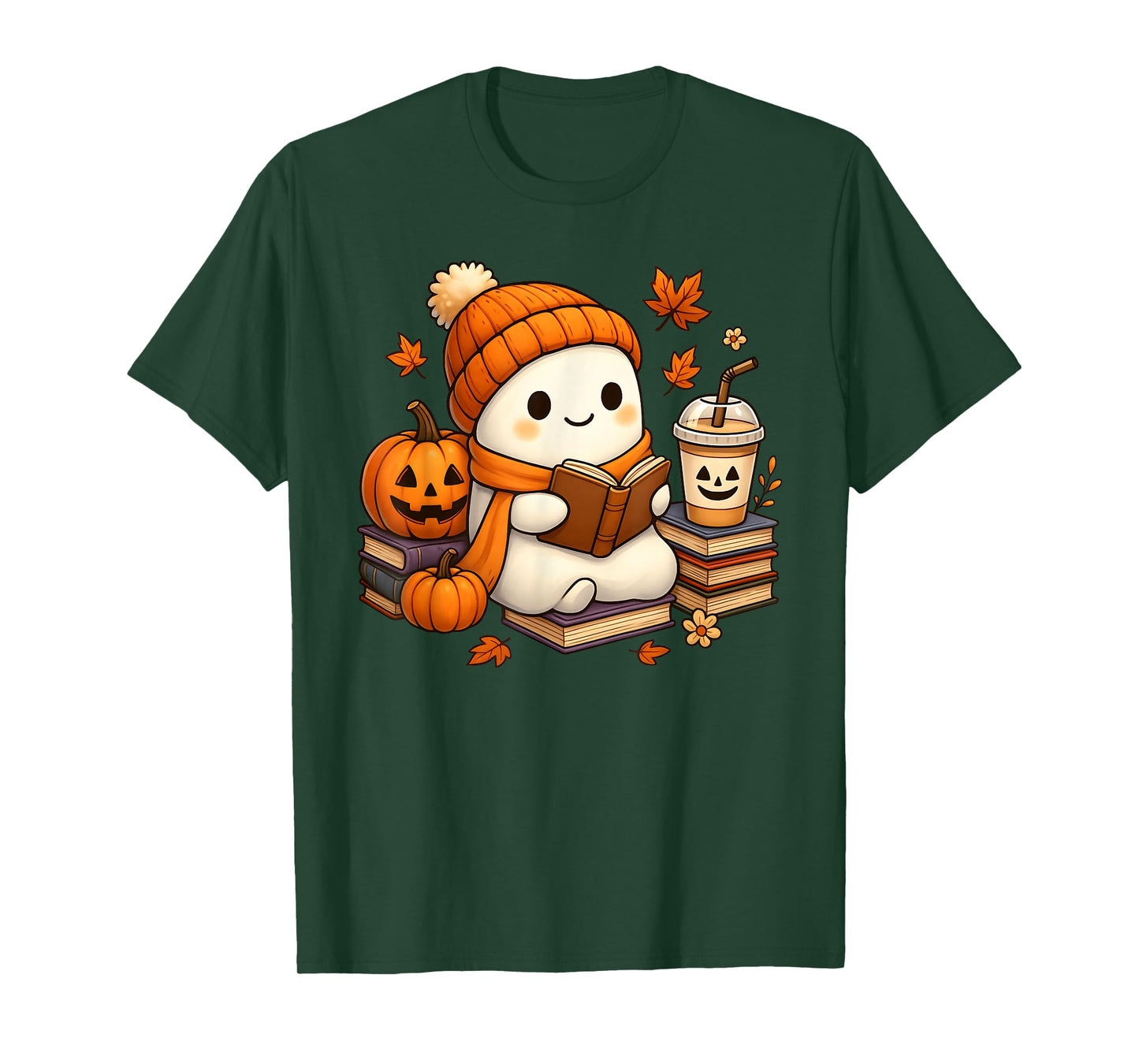 Halloween Ghost Reading Book Lovers Coffee Girl Women T-Shirt