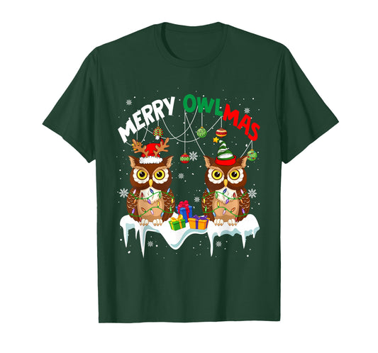 Merry Owlmas Two Santa Elf Owls Bird Lover Family Kids T-Shirt