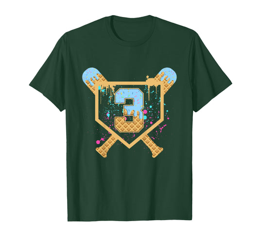 Kids Baseball 3 Year Old Ice Cream Drip 3rd Birthday Boy Number 3 T-Shirt