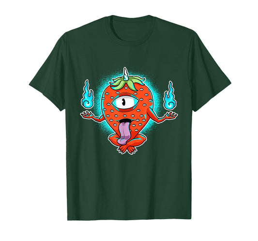 Strawberry Yokai Monster Cyclops Fruit with Flames Cartoon T-Shirt