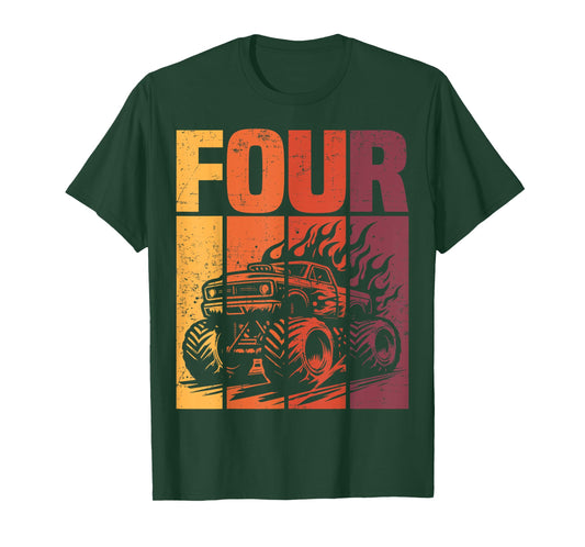 Retro Monster Truck 4th Birthday Boy Four Year Old Kids Bday T-Shirt