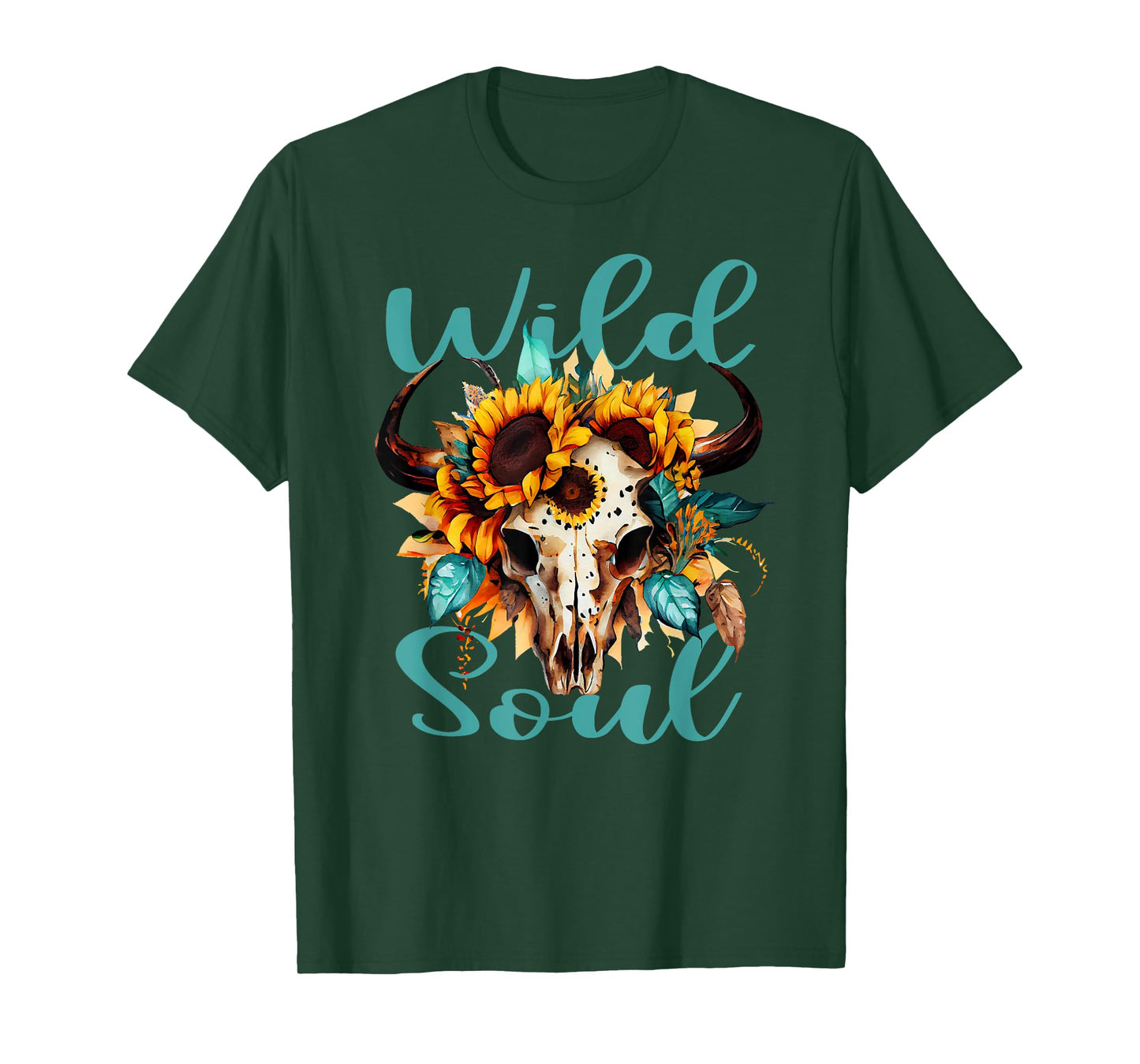 Wild Soul Women Vintage Western Sunflower Boho Cow Skull T-Shirt