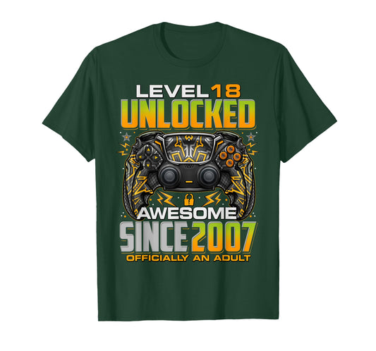 Level 18 Unlocked Awesome Since 2007 18th Birthday Gaming T-Shirt