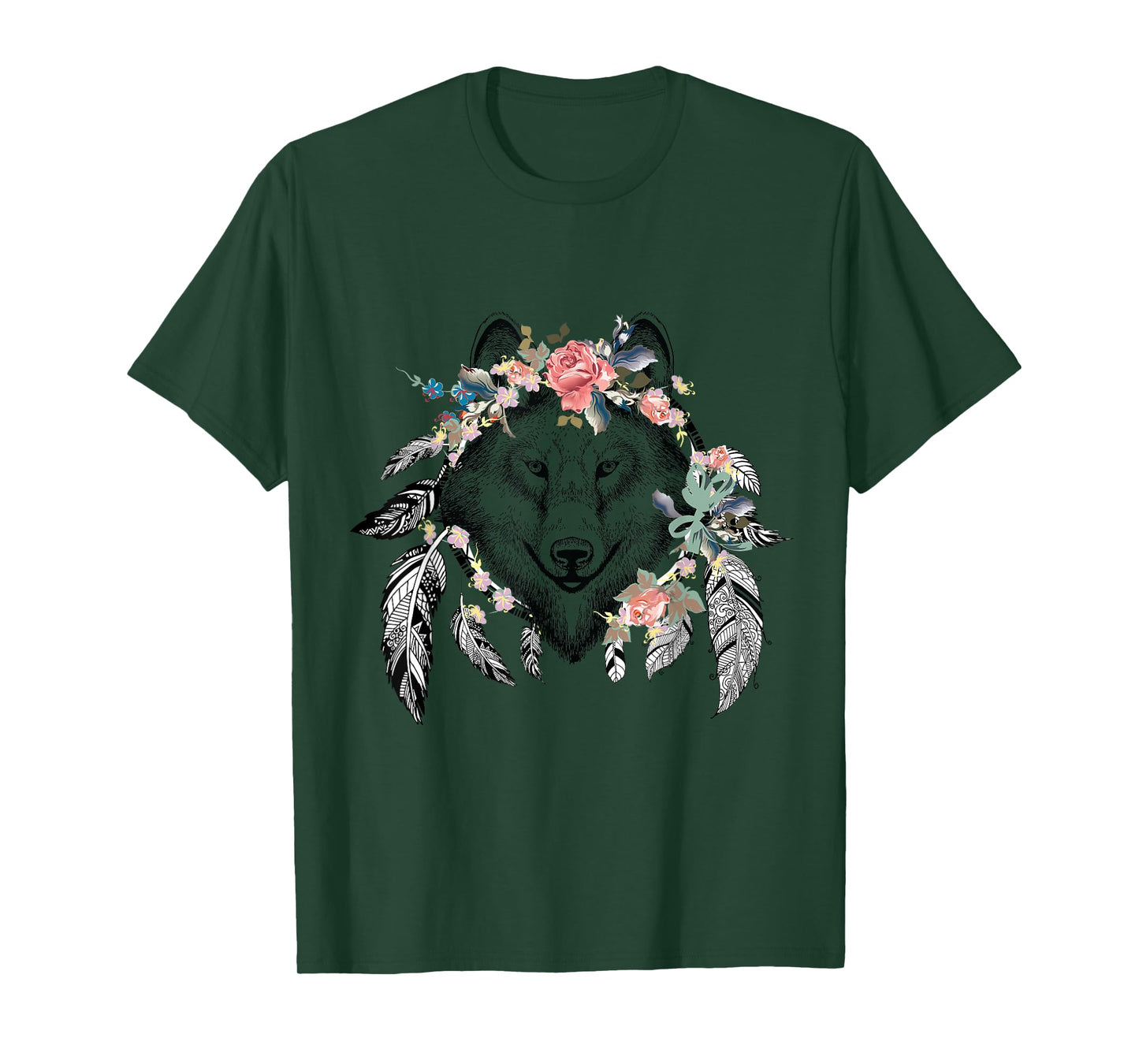 Ethnic Tribal Wolf Head Boho Feather Native American Hippie T-Shirt