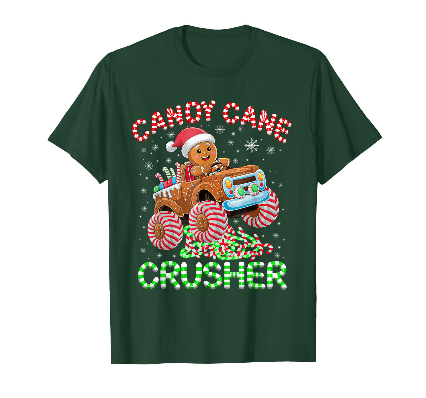 Kids Christmas Gingerbread Candy Cane Crusher Monster Truck T-Shirt