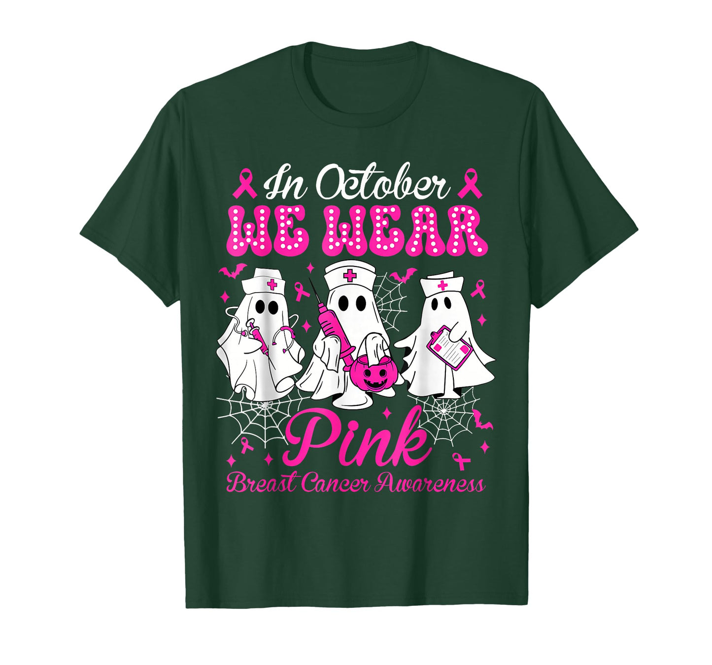 In October We Wear Pink Nurse Ghost Halloween Breast Cancer T-Shirt