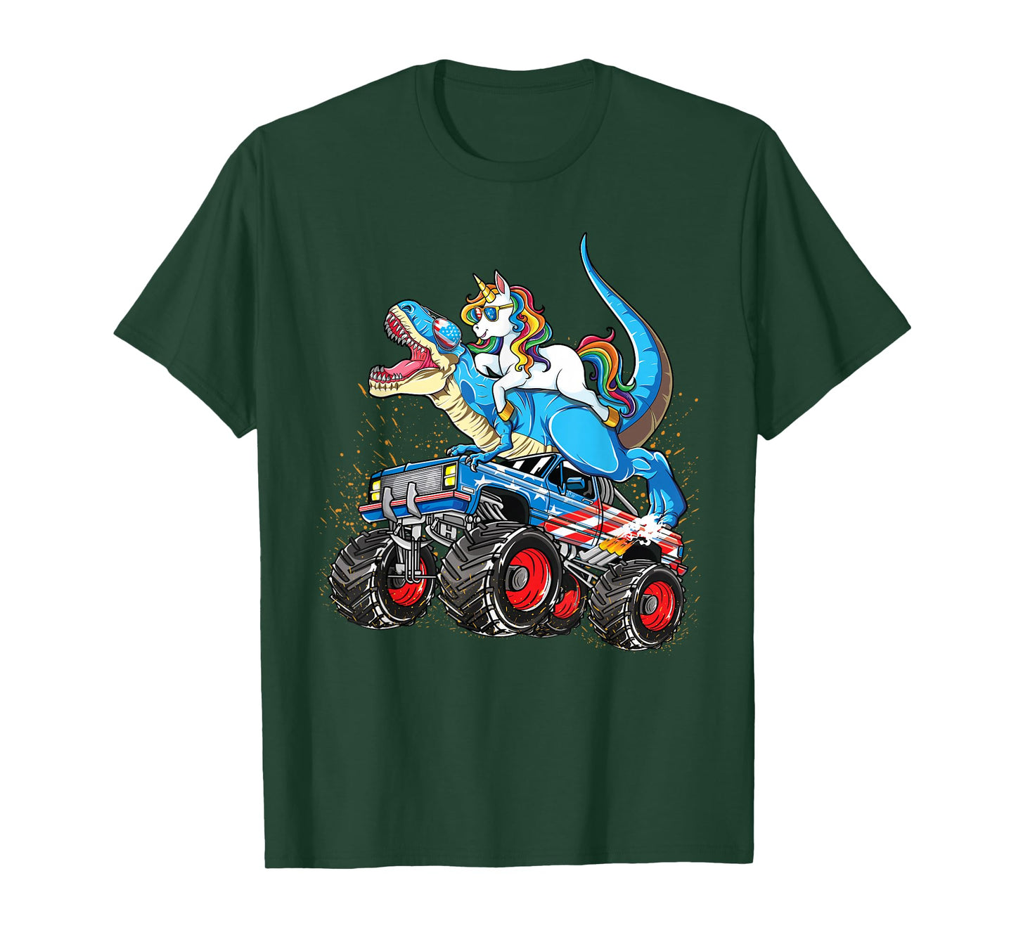 Unicorn Riding T rex Monster Truck Boys Girls Unicorn T-Shirt