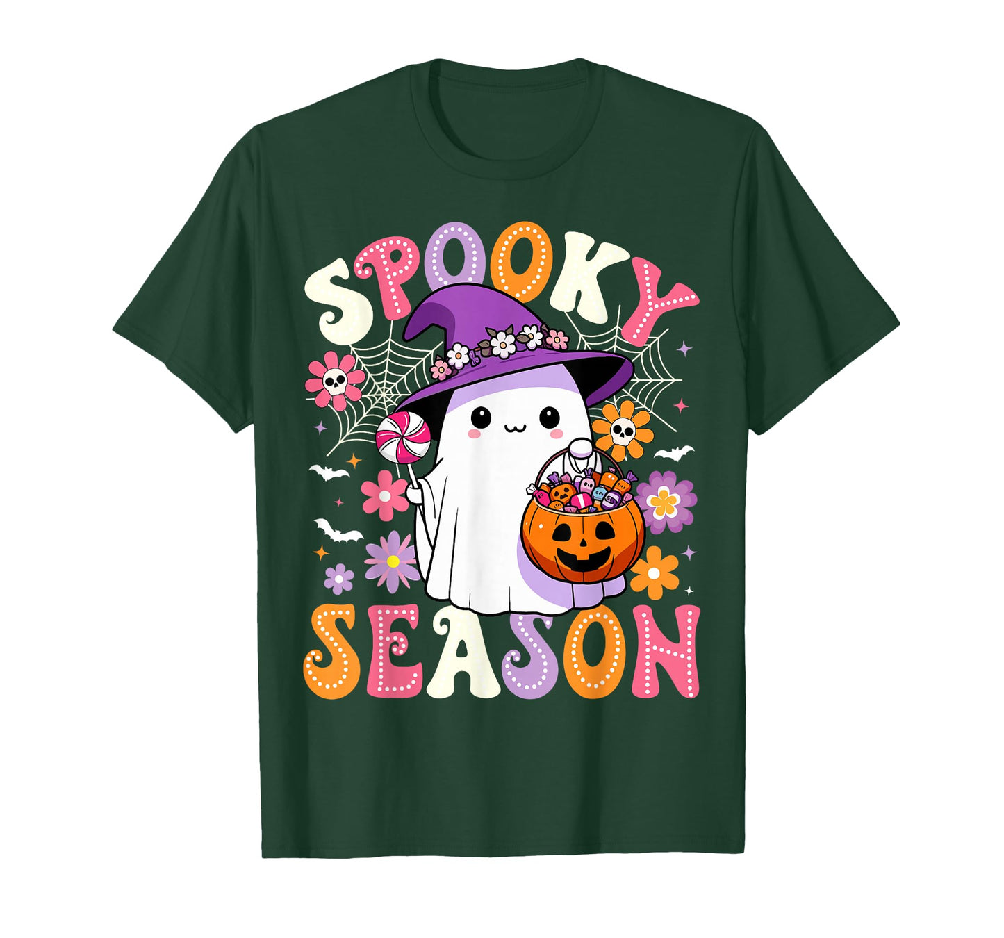 Groovy Spooky Season Retro Ghost Holding Pumpkin Halloween T-Shirt