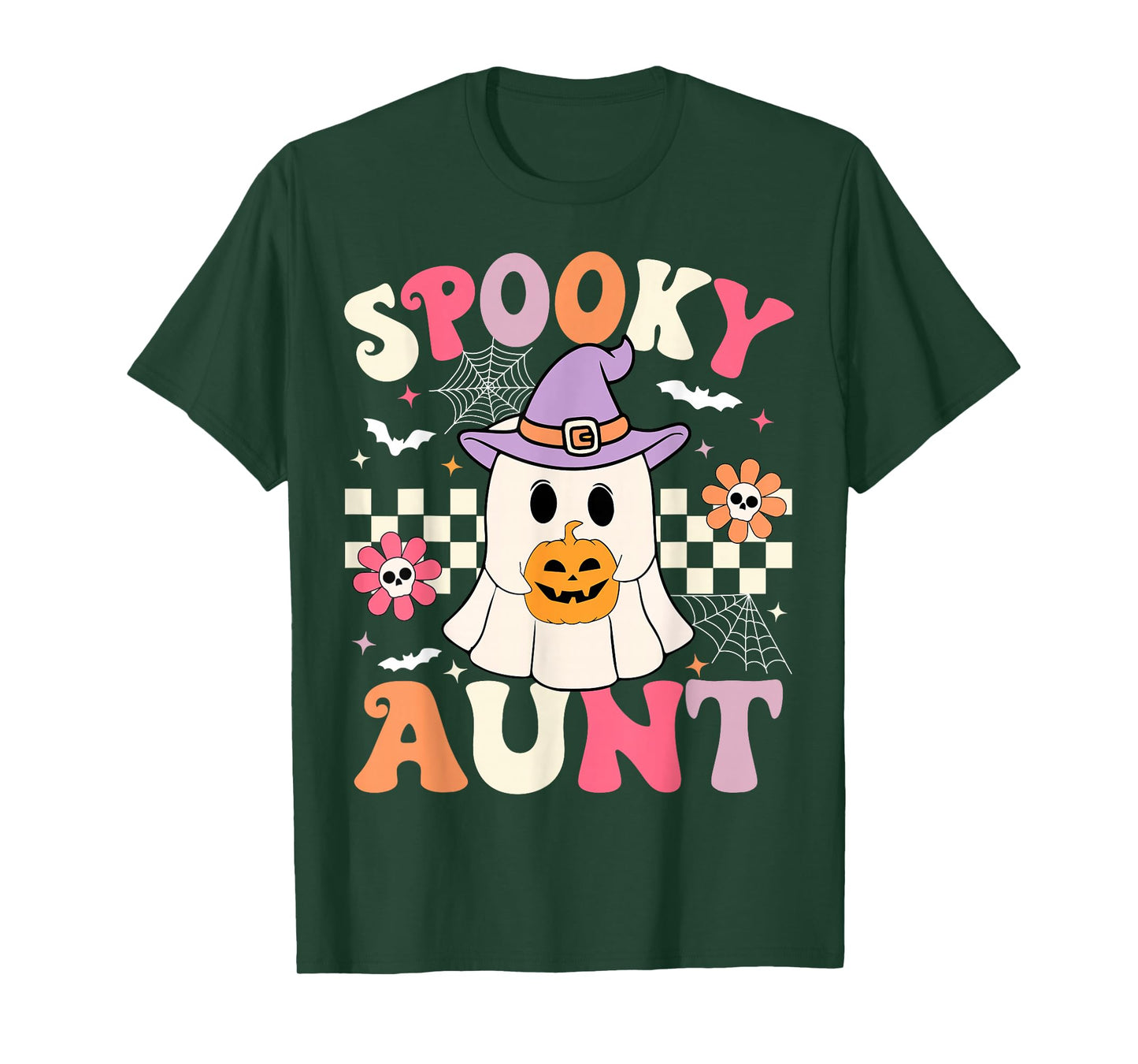 Groovy Spooky Aunt Ghost Holding Pumpkin Halloween Aunt T-Shirt