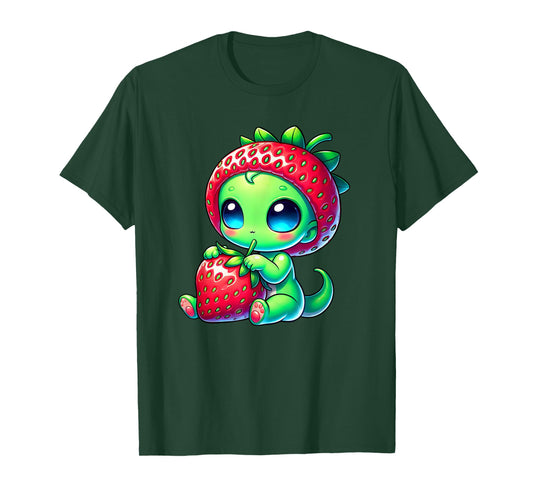 Quirky Alien Strawberry Hat Cute Cartoon T-Shirt