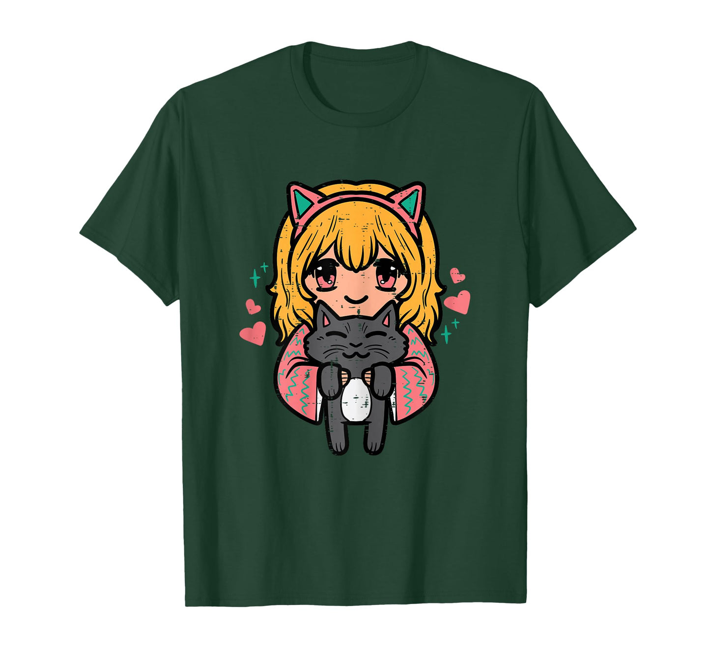 Anime Girl Black Cat Kawaii Japanese Otaku Girls Women Kids T-Shirt