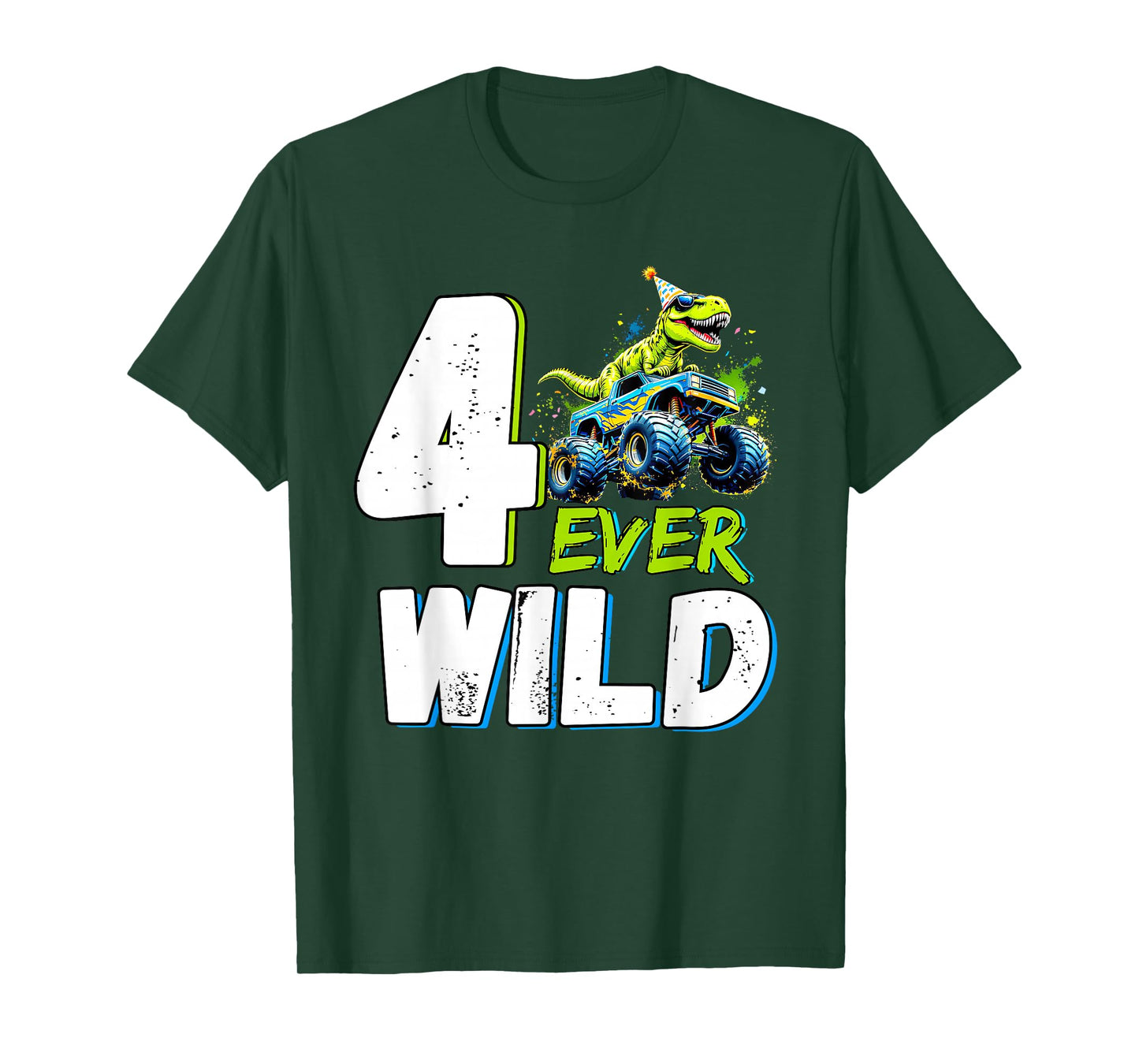 4th Birthday Monster Truck Dinosaur Party Boy Four Ever Wild T-Shirt