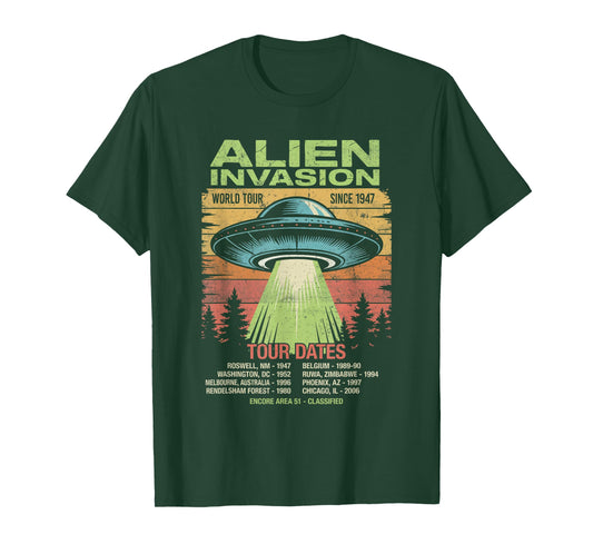 Alien Invasion Tour Dates Retro UFO Flying Saucer Vintage T-Shirt