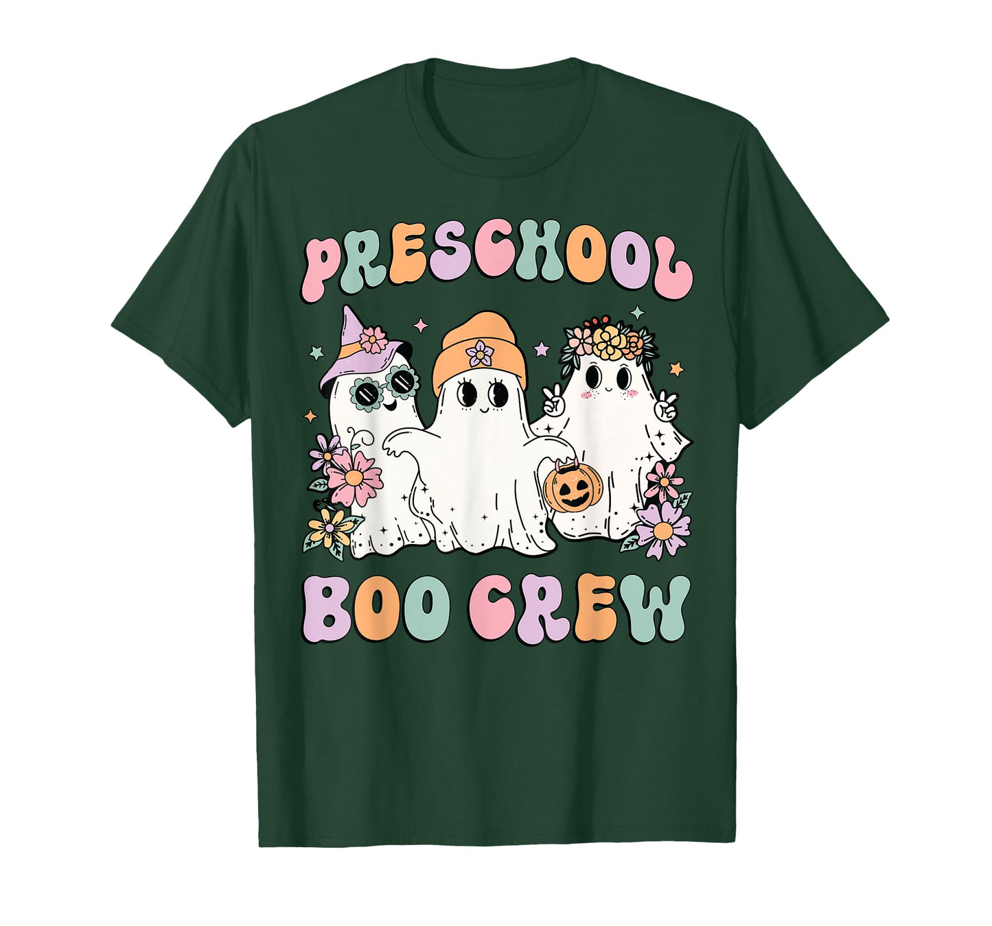 Preschool Boo Crew Groovy Halloween Floral Ghost Teacher Men Women Kids T-Shirt