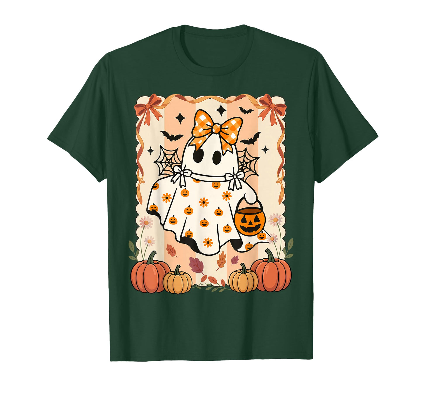 Ghost with Bow Preppy Halloween Pumpkin Season Women Kids T-Shirt