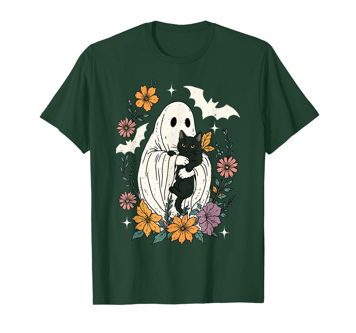 Groovy Floral Halloween Spooky Ghost Holding Black Cat Goth T-Shirt