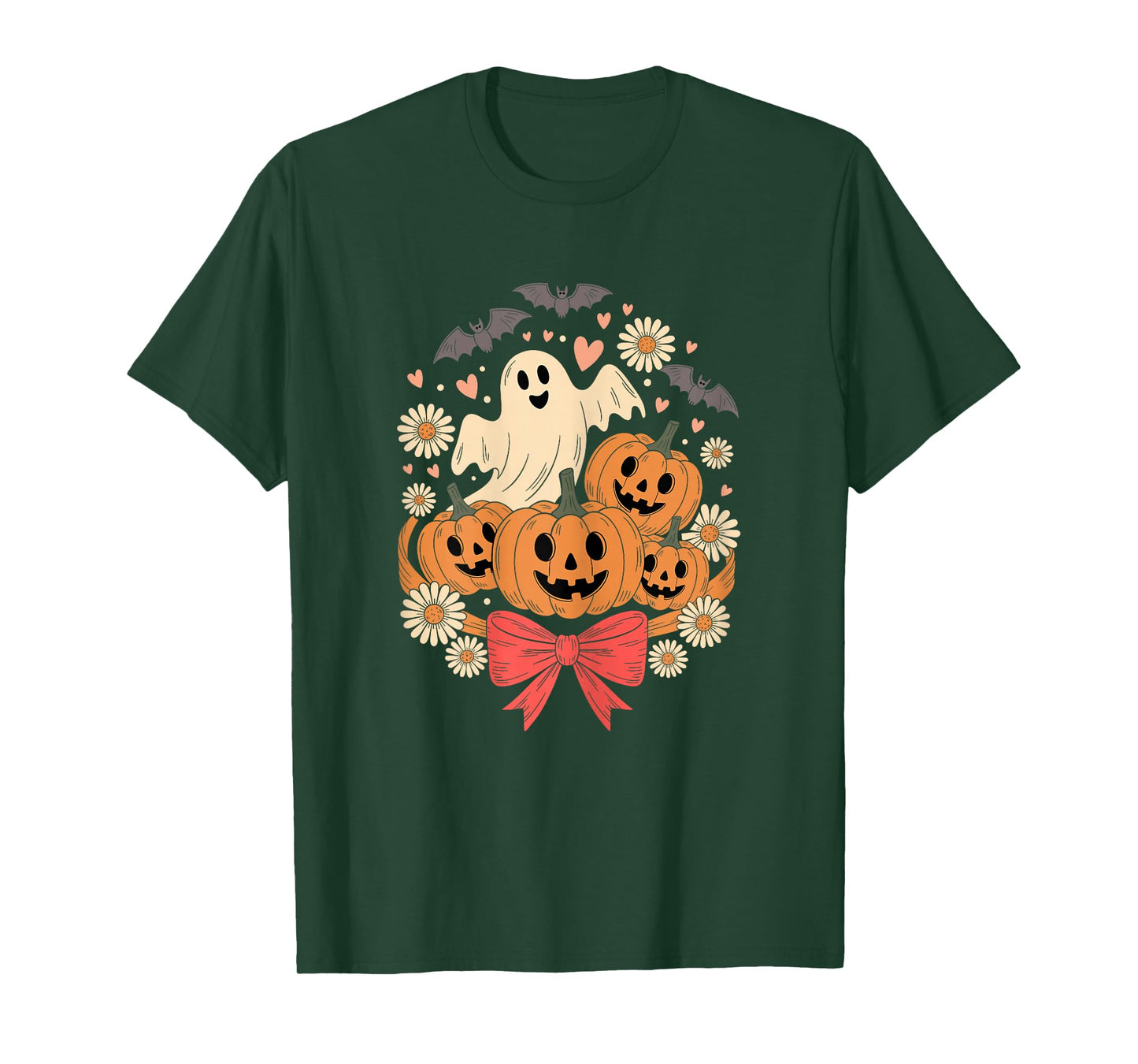Cute Ghost with Pumpkins and Flowers Halloween Women T-Shirt