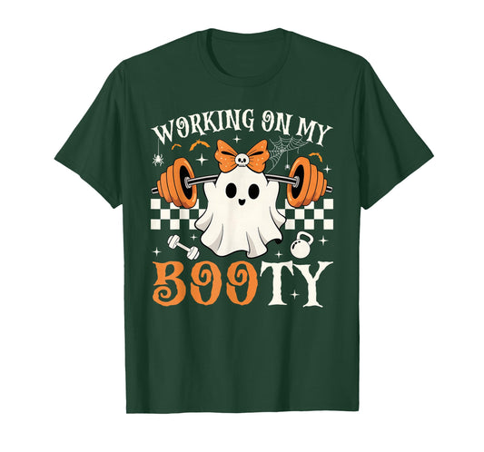 Funny Halloween Working On My Booty Boo-Ty Gym Ghost T-Shirt