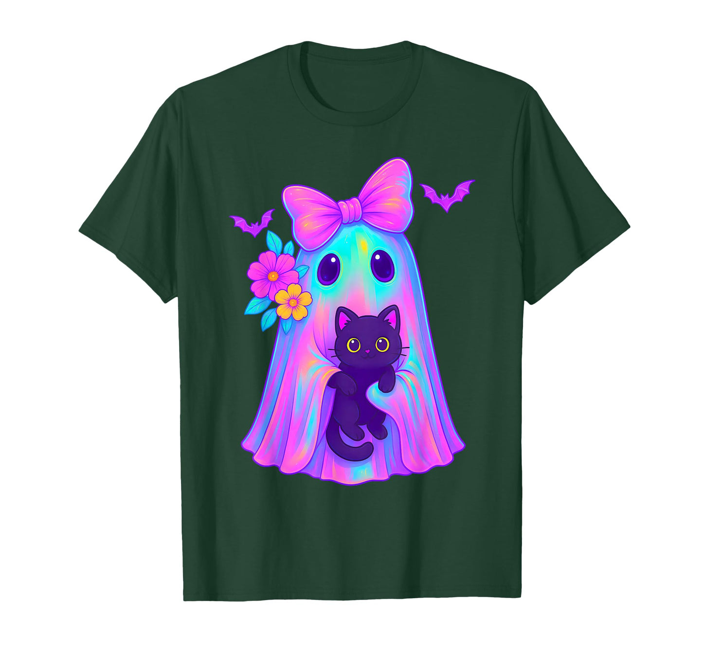 Cute Floral Ghost Holding a Cat Coquette Bow Halloween Women T-Shirt