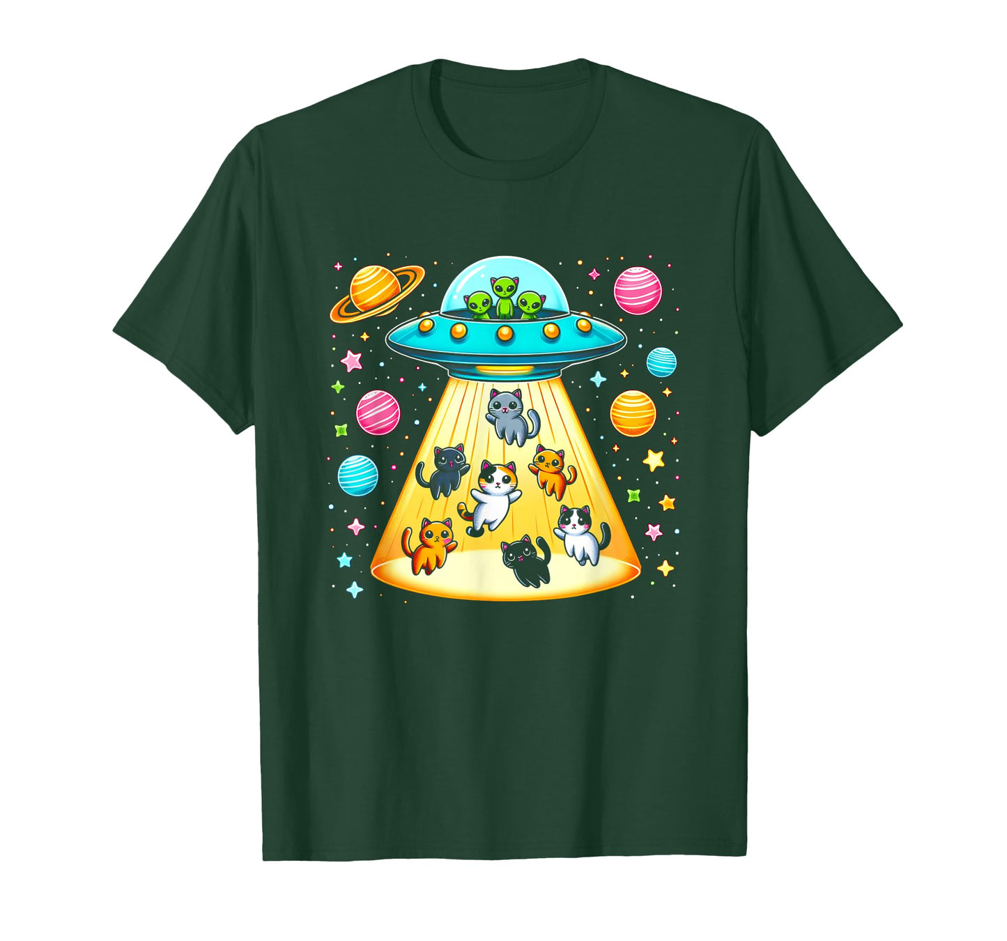 Alien Abduction Cats UFO Flying Saucer Space Sci-fi Planets T-Shirt