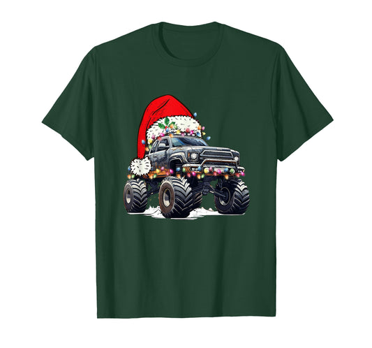 Monster Truck Christmas Tree Ornament Santa Hat Lights Xmas T-Shirt