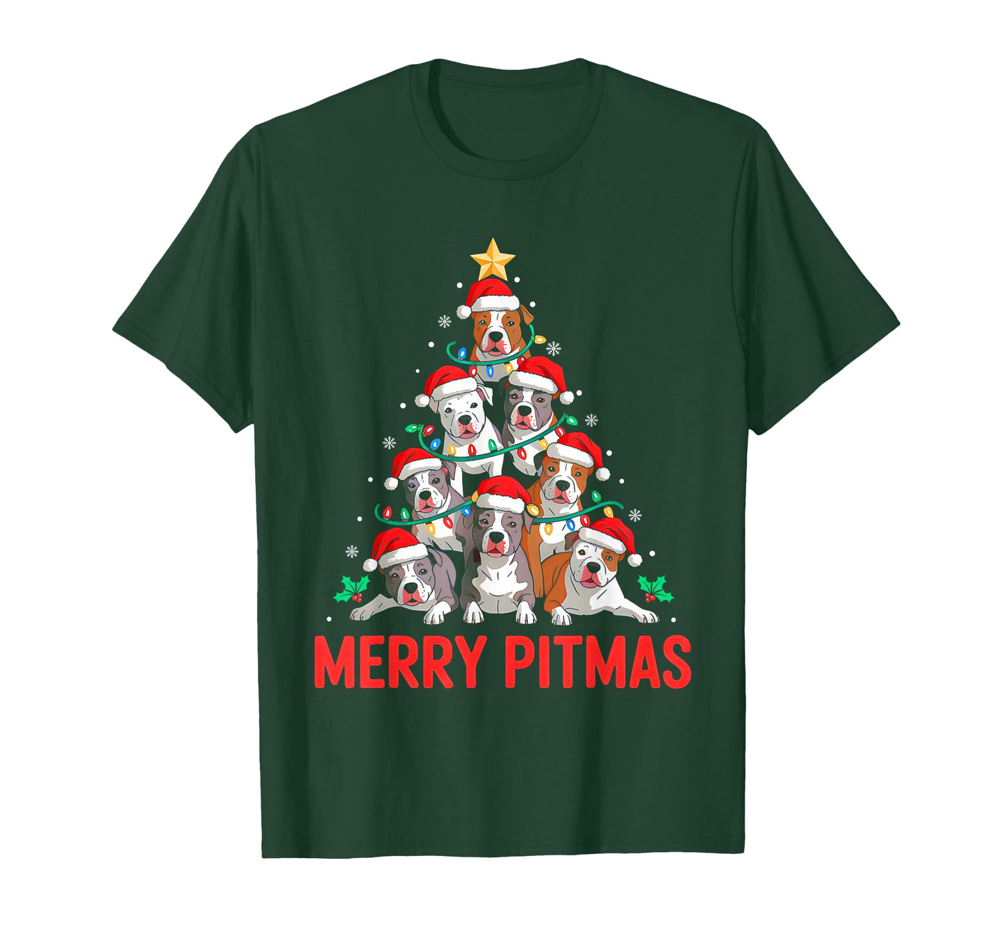 Pitbull Dog Tree Xmas Light Santa Hat Christmas Merry Pitmas T-Shirt