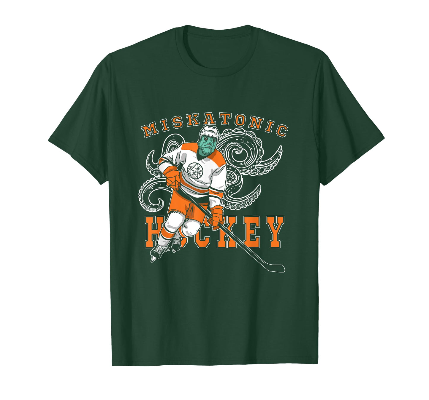 Miskatonic Hockey Sports Orange Horror Graphic On Dark T-Shirt
