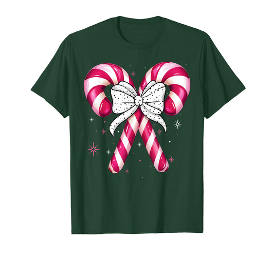 Retro Candy Cane Coquette Bow Christmas Season Girls Womens T-Shirt