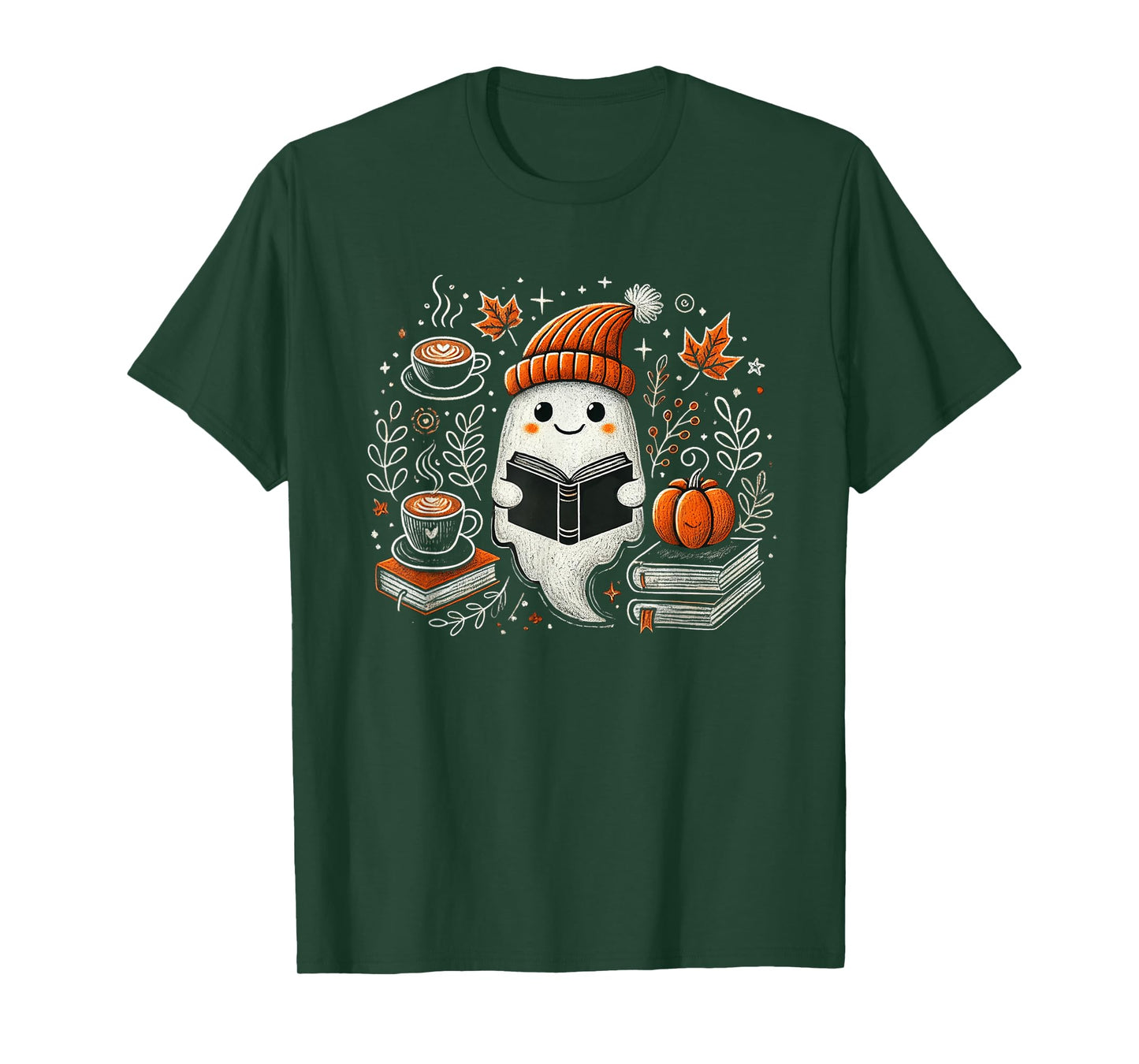 Ghost Reading Book Pumpkin Coffee Autumn Leaves Fall Spirit T-Shirt