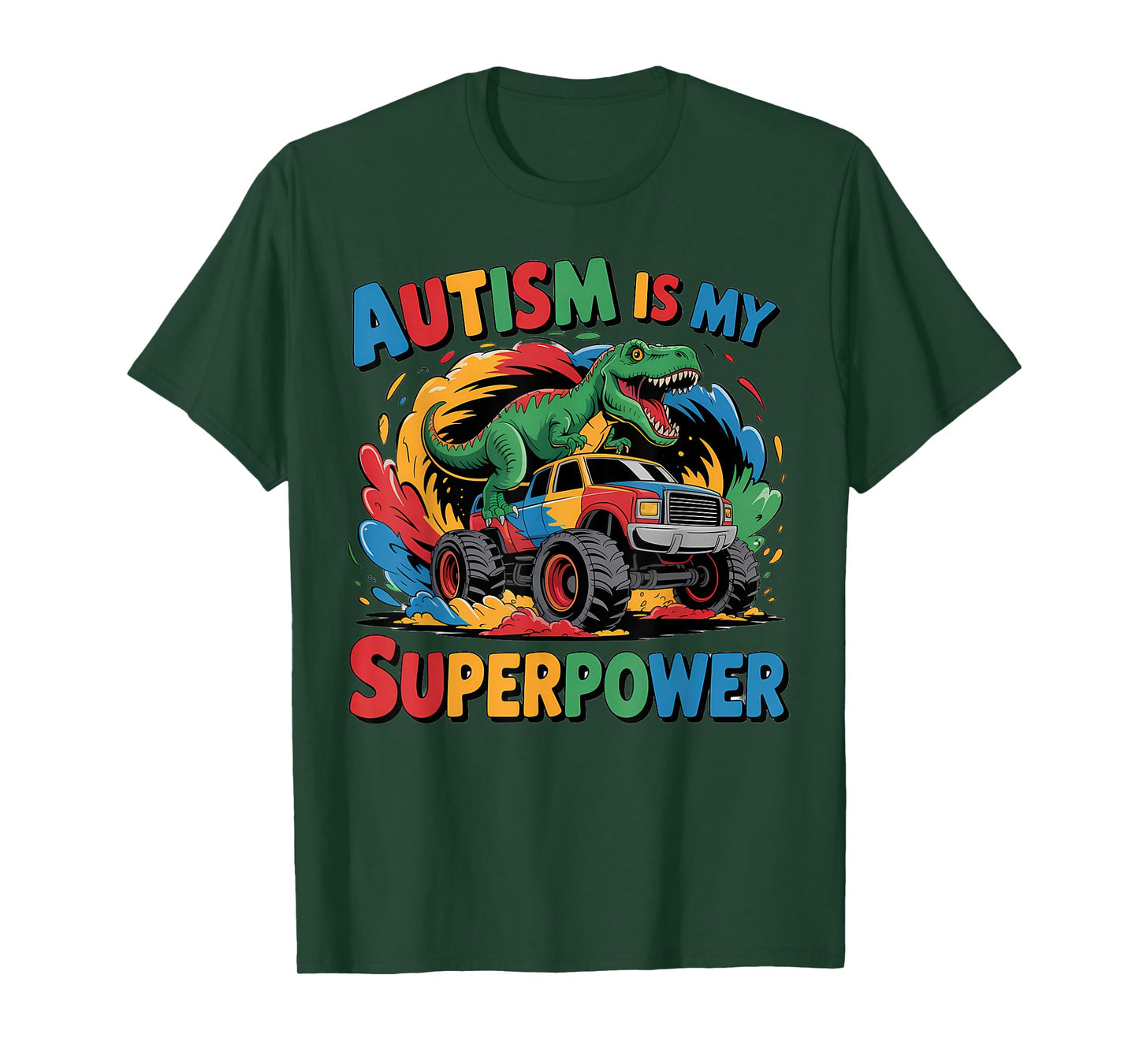 Autism Is My Superpower Shirt Kids Boys Dinosaur T Rex Truck T-Shirt