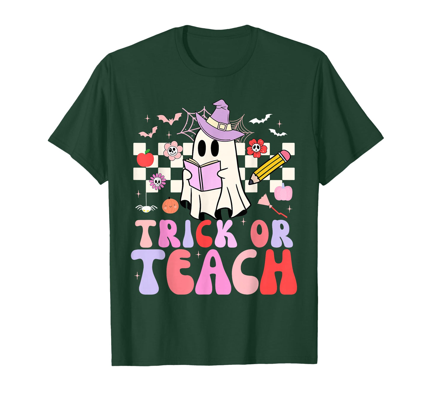 Trick Or Teach Groovy Teacher Halloween Retro Floral Ghost T-Shirt