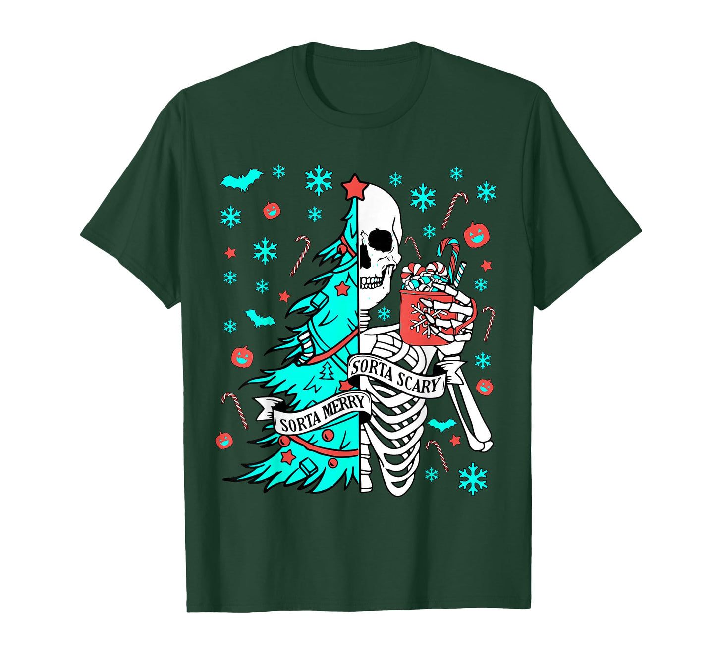 Sorta Merry Sorta Scary Funny Christmas Skeleton Tree Santa T-Shirt