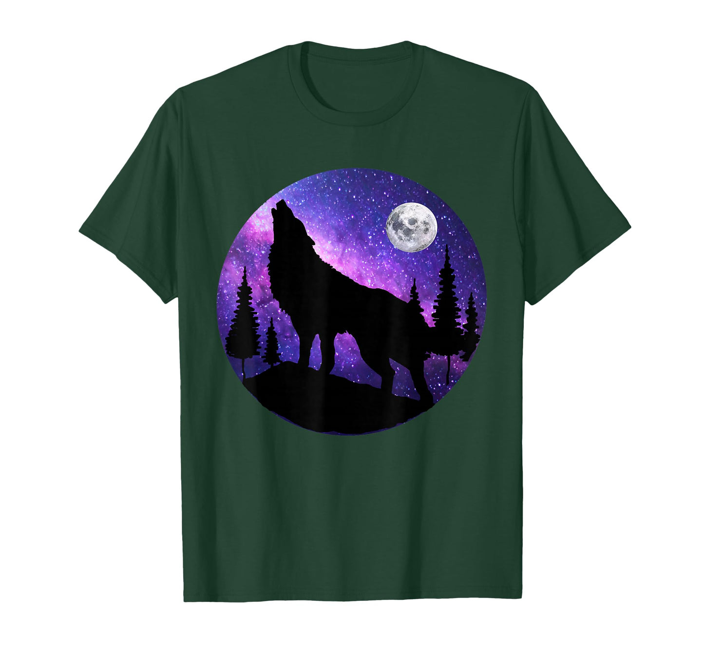 Howling Wolf Under The Full Moon With Purple Galaxy Sky T-Shirt