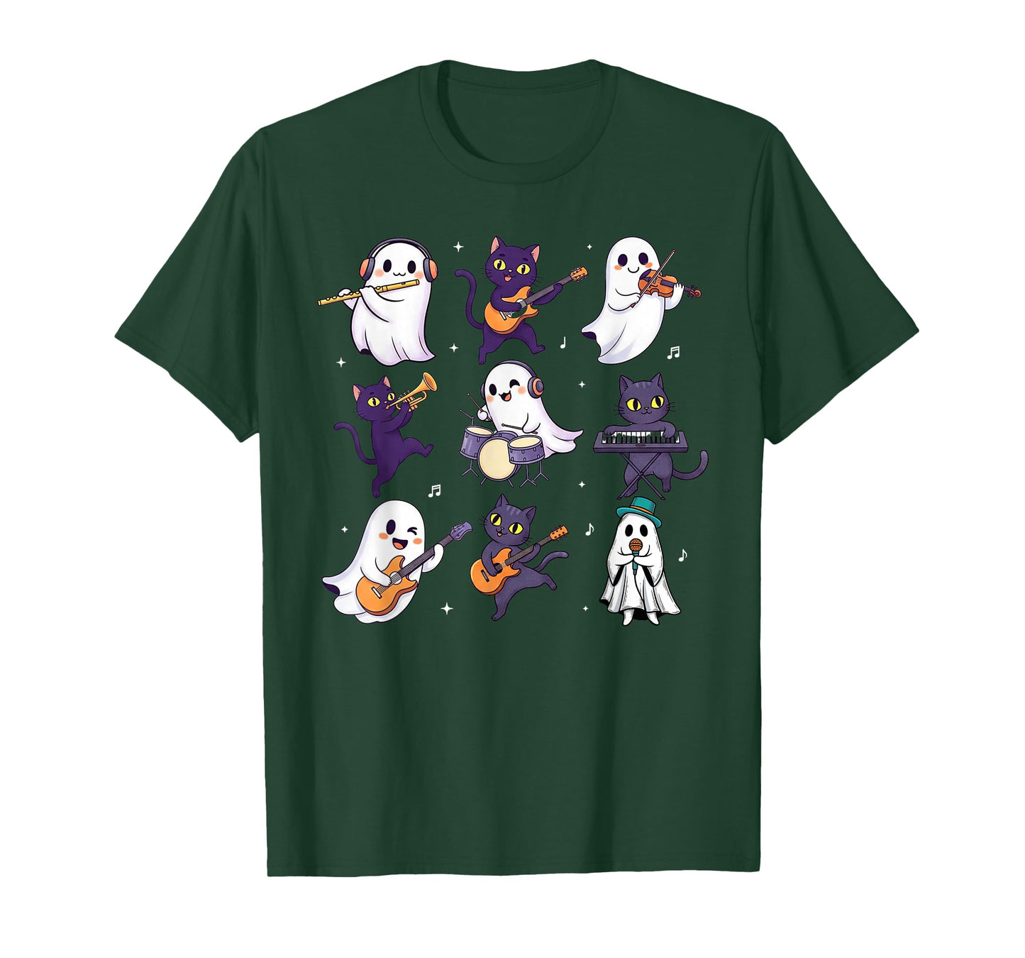 Cute Ghost Cat Playing Musical Halloween Music Teacher T-Shirt