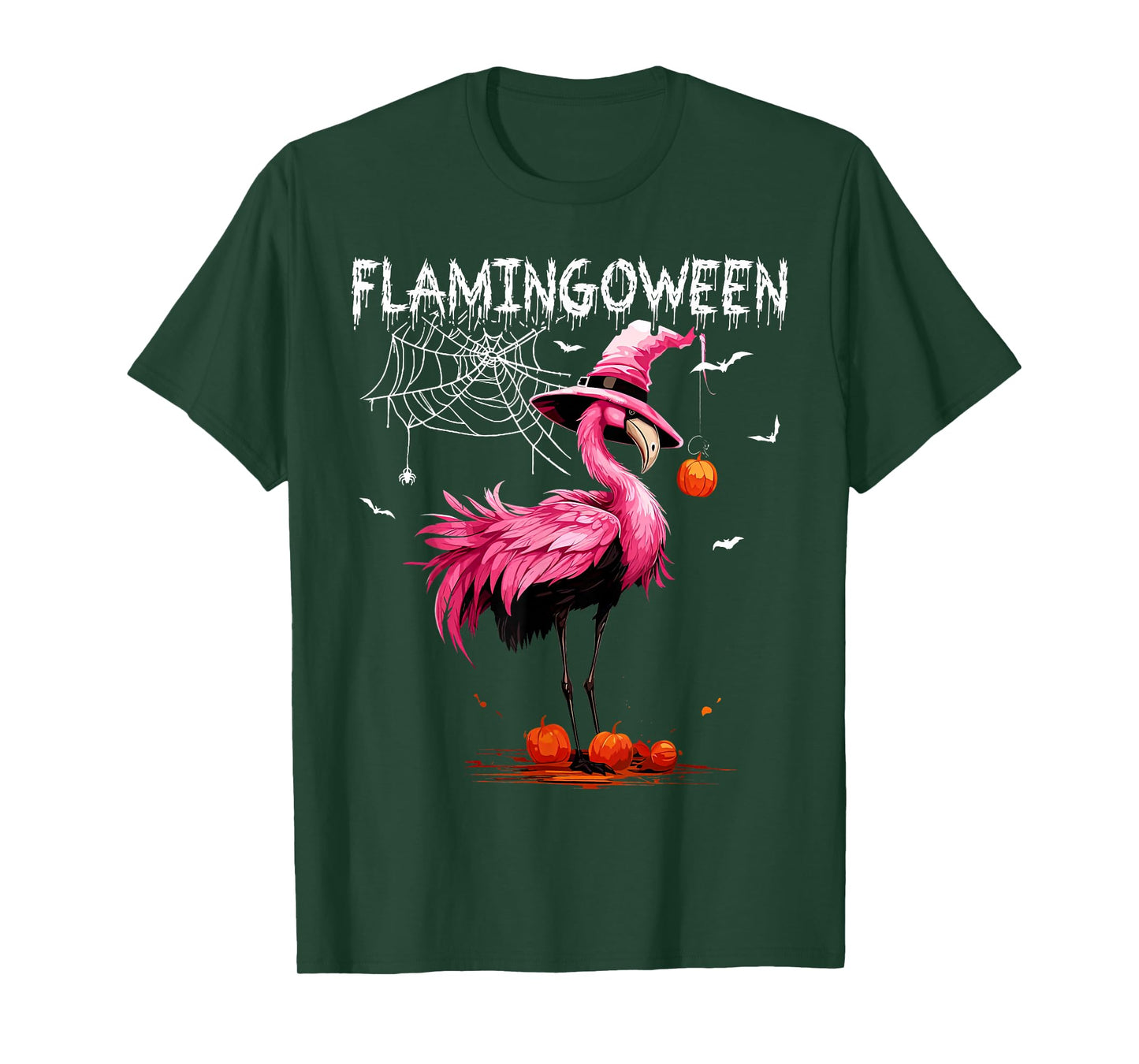 Flamingoween Pink Flamingo Witch Hat Pumpkin Halloween T-Shirt