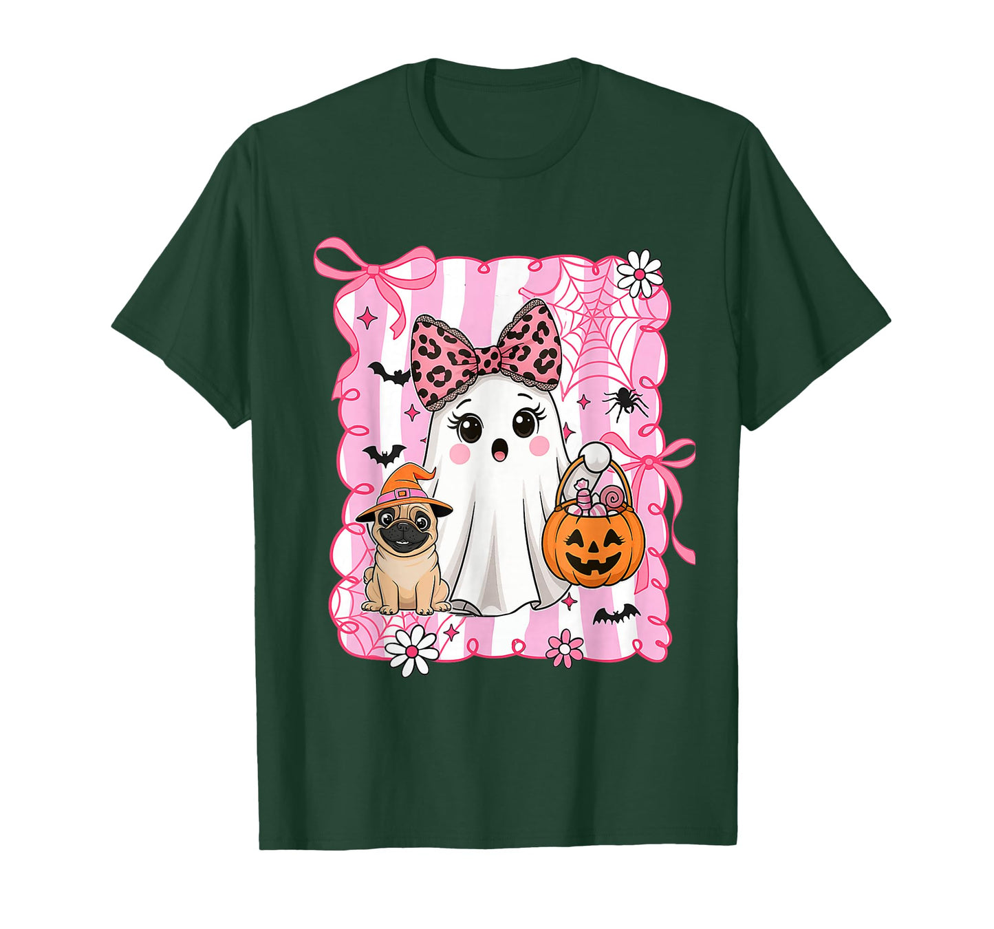 Preppy Spooky Vibes Pink Ghost Dog Halloween Women Girls T-Shirt