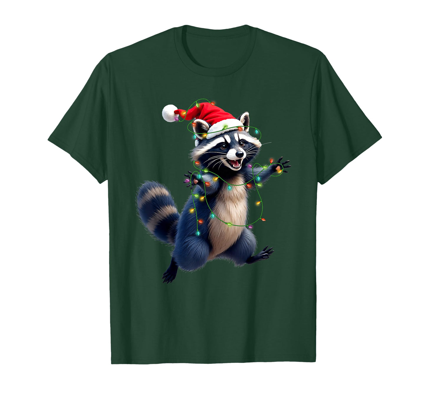 Funny Racoon Santa Hat Christmas Tree Lights Xmas PJS Kids T-Shirt