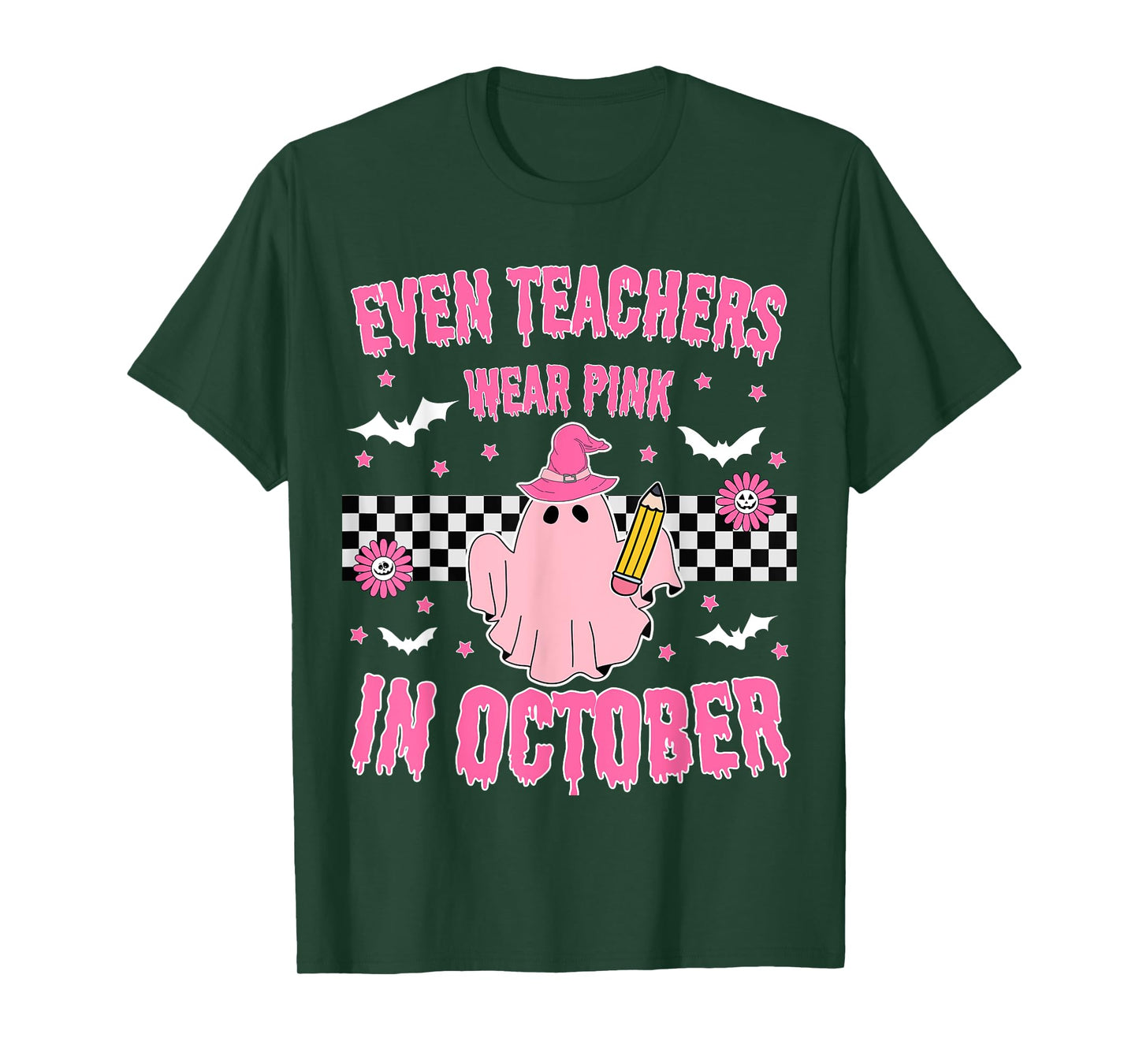 Even Teachers Wear Pink in October Halloween Breast Cancer T-Shirt