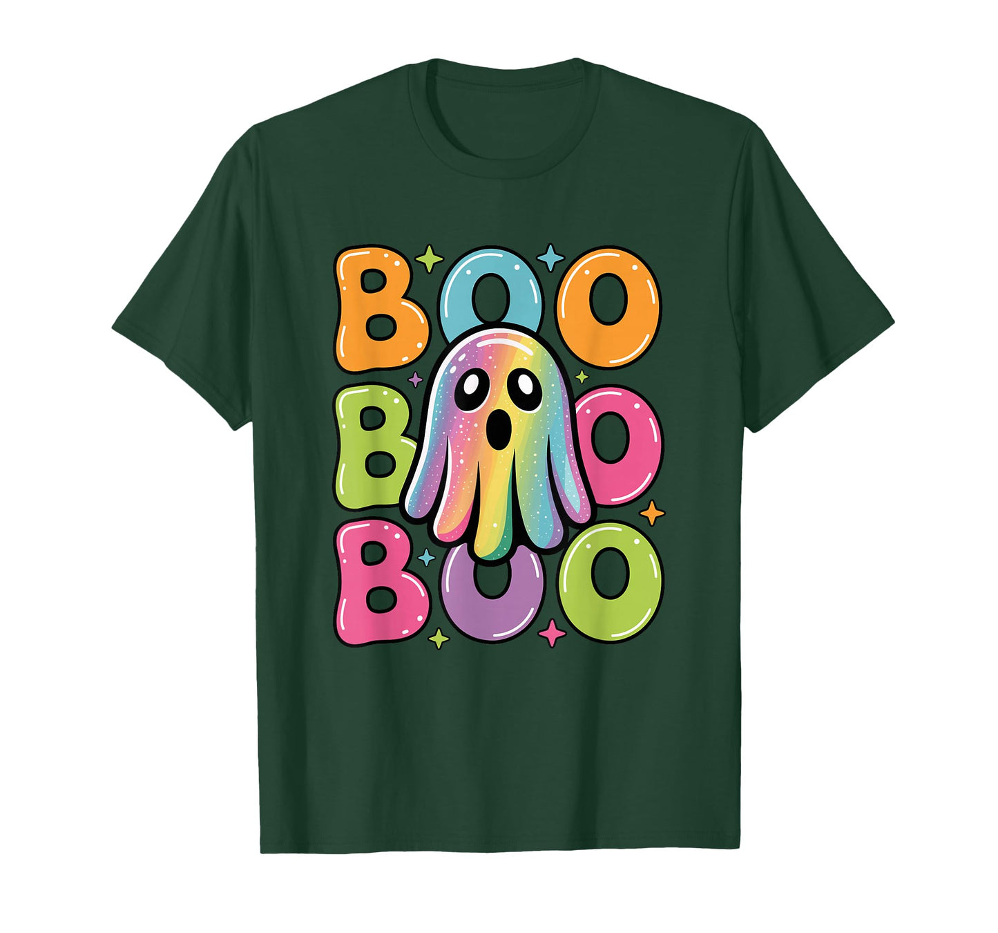Kawaii Ghost Boo with Sparkles Halloween Colorful Rainbow T-Shirt