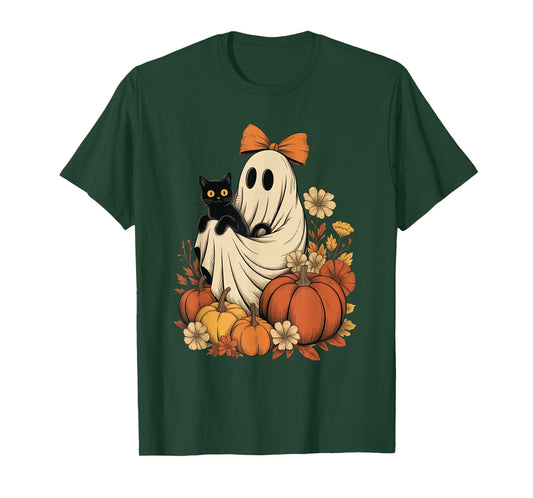 Vintage Halloween Ghost Holding Black Cat Groovy Floral T-Shirt