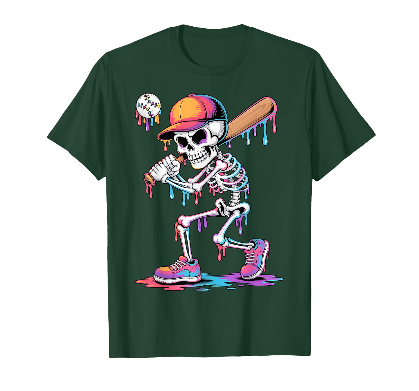 Skeleton Playing Baseball Halloween Youth Kids Baseball Drip T-Shirt
