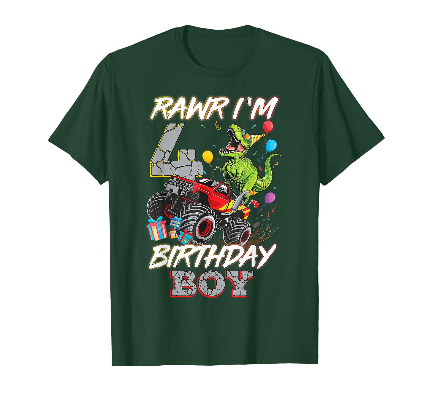 4th Birthday Boy Monster Truck Dinosaur Rawr I'm 4 Year Old T-Shirt