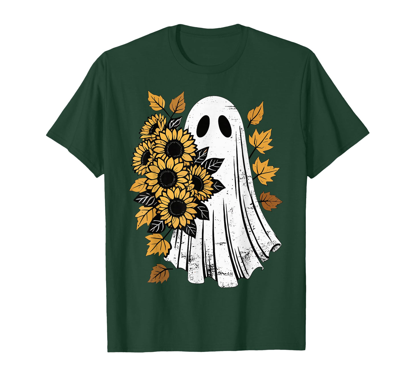 Vintage Halloween Ghost with Sunflowers Autumn Leaves Spooky T-Shirt