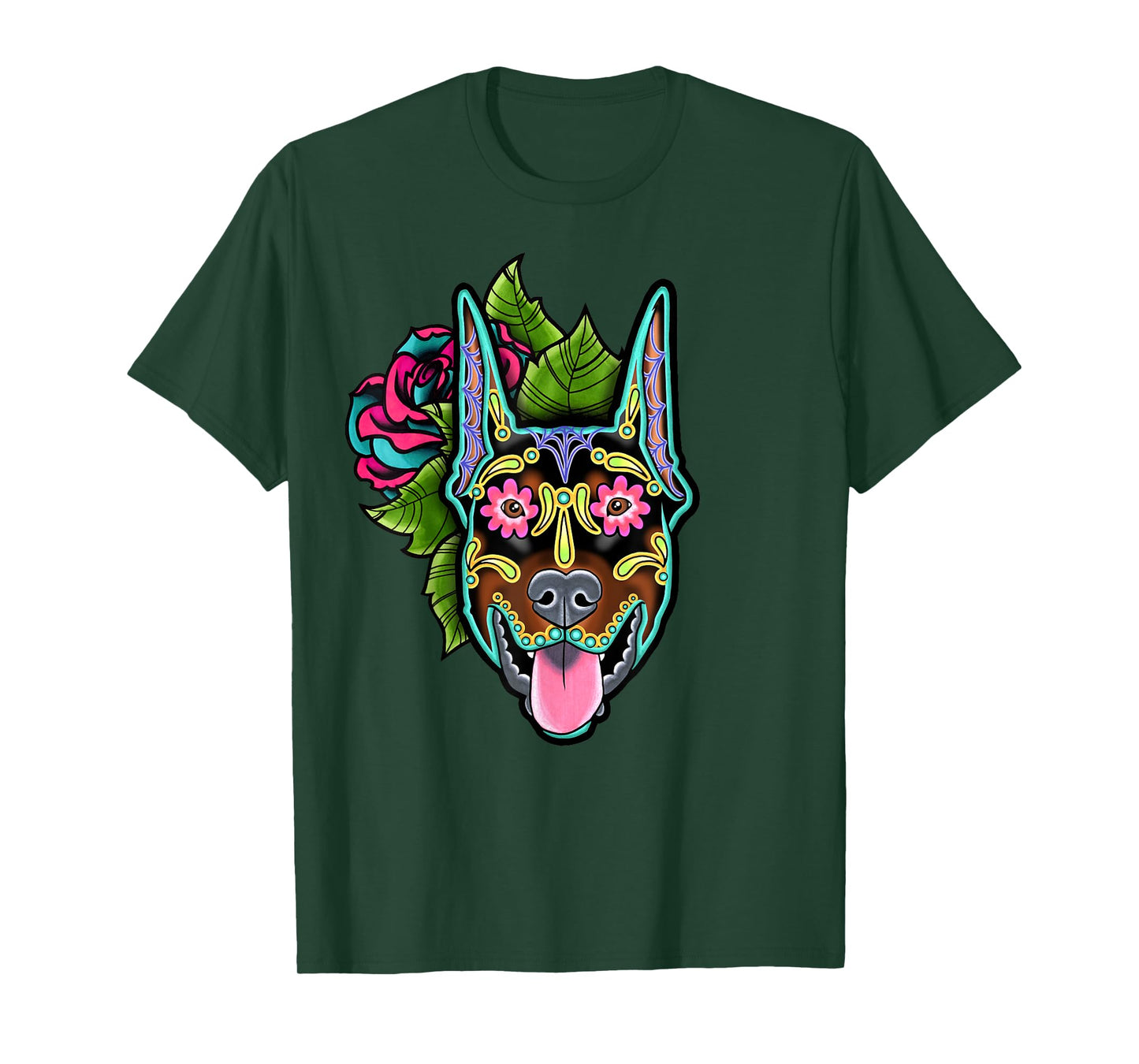 Doberman Pinscher Cropped Ear - Day of the Dead Sugar Skull T-Shirt