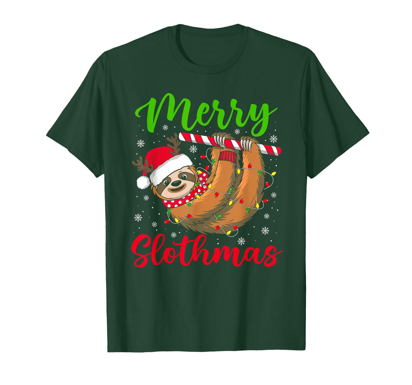 Merry Slothmas Sloth Christmas Lights Santa Hat Xmas Pajamas T-Shirt