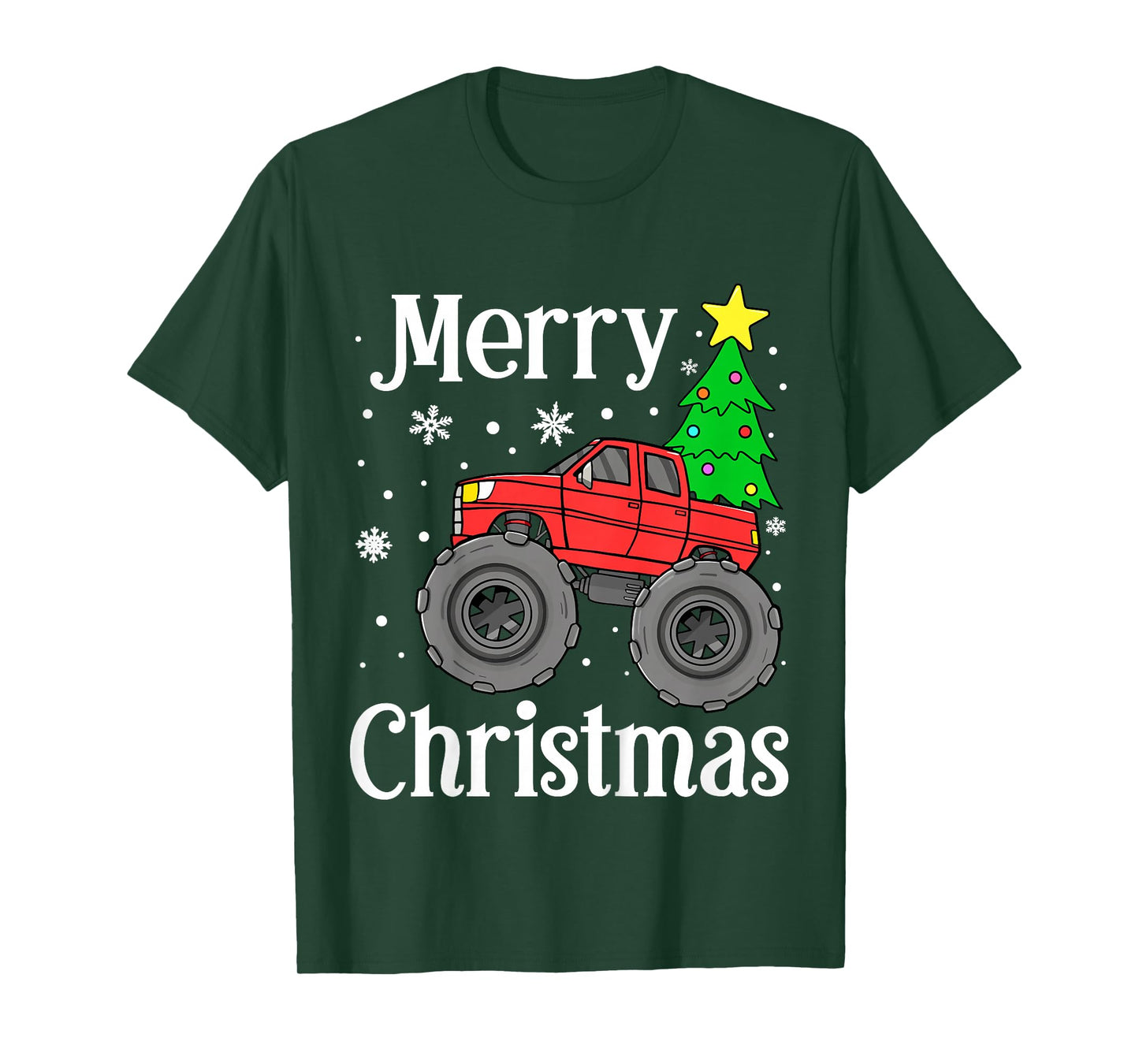 Kids Boys Monster Truck Merry Christmas Tree Snowflakes Toddler T-Shirt