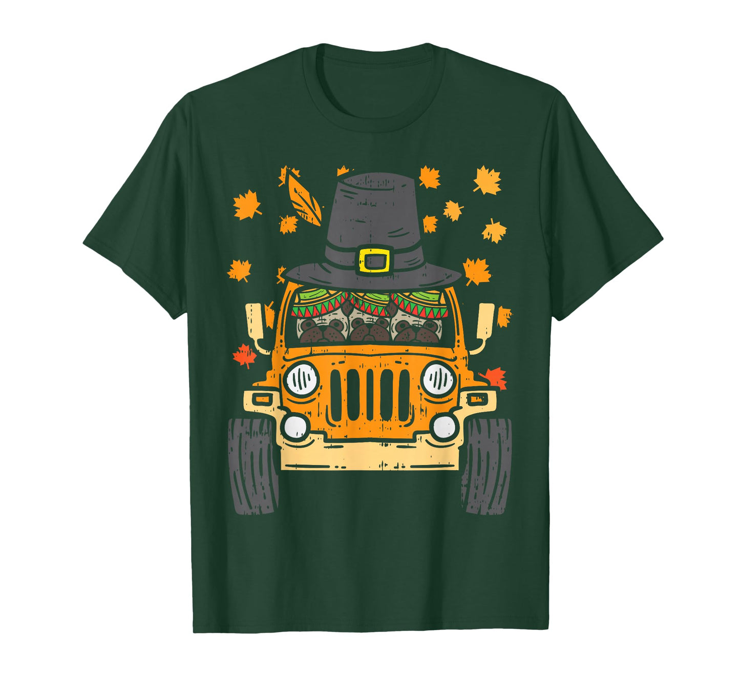 Pilgrim Monster Truck Pugs Thanksgiving Fall Autumn Gift T-Shirt