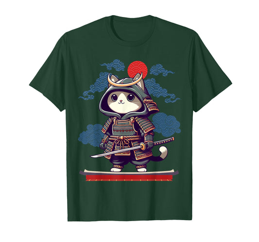 Japanese Samurai Cat Tattoo Kawaii Ninja Cat Anime Cute Kids T-Shirt